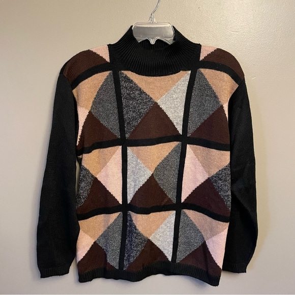 Vintage LISE J. XL Color block Pullover wool blend mock neck Sweater Geometric - Picture 1 of 8